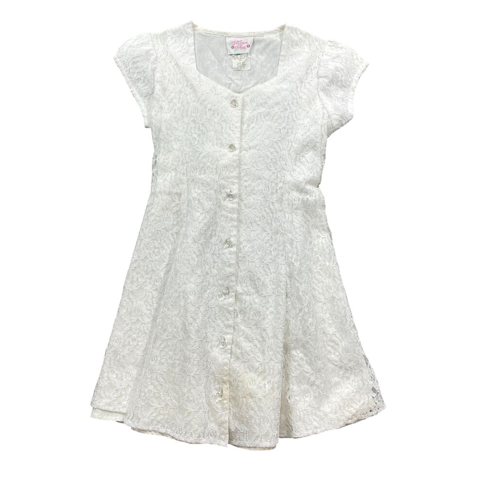 Allison Ann Girls 8 White Lace Button Front Short Sleeve Polyester Blend Wedding
